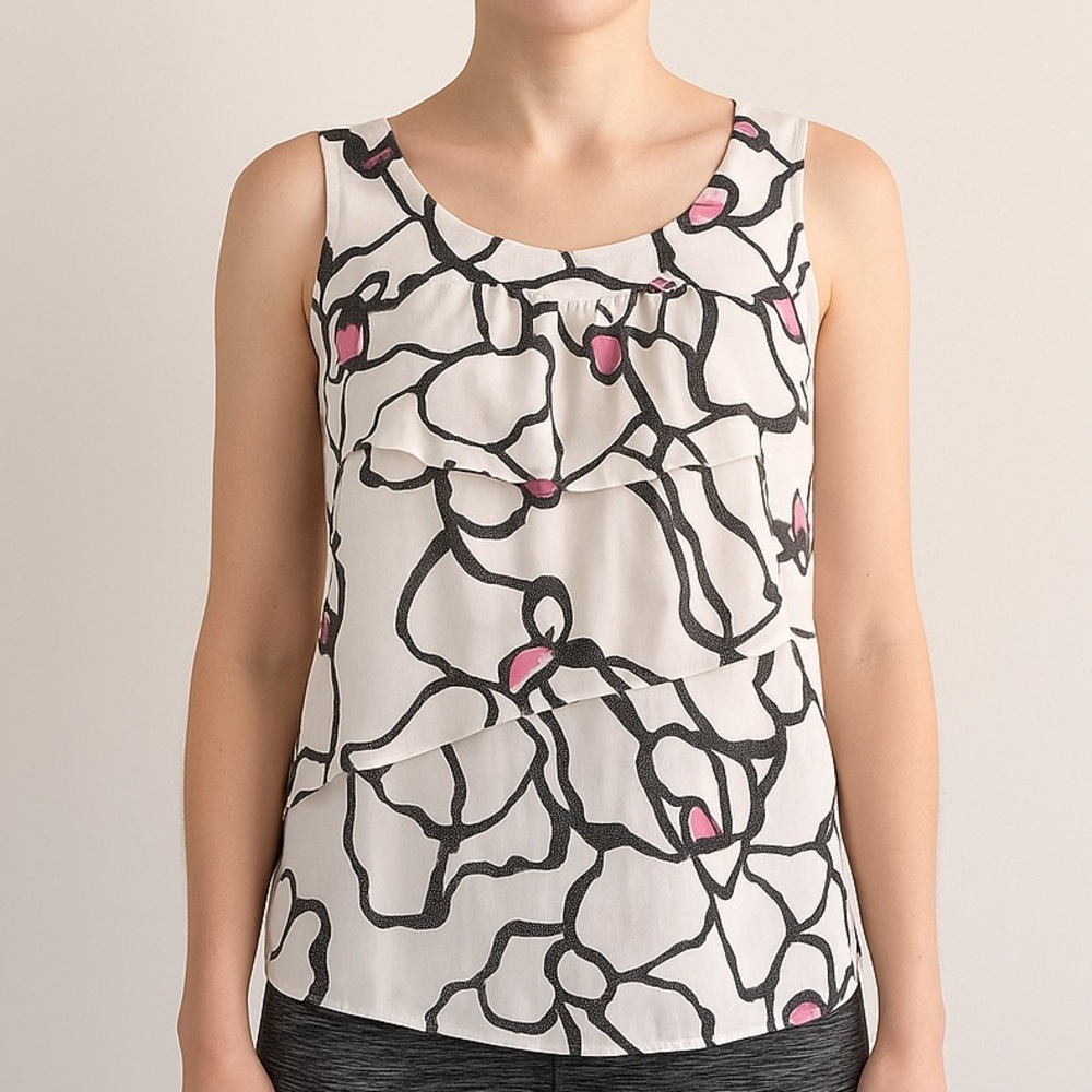 Ann Taylor Loft Floral Ruffle Scoopneck Sleeveless Blouse top White Black Small